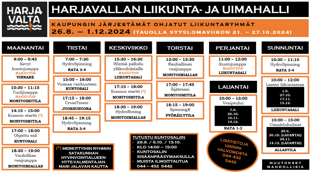 Kuvassa tietoa syksyn 2024 ohjatuista liikuntaryhmistä. Lisätietoja uinninvalvomosta, puhelin 044-432 5442