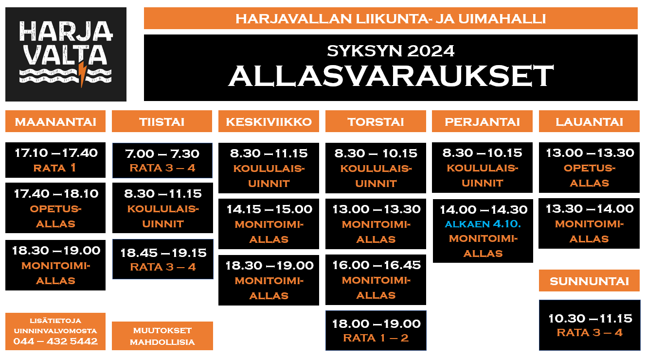 Harjavallan uimahallin allasvaraukset syksyllä 2024. Lisätietoja uinninvalvomosta 044-4325442.