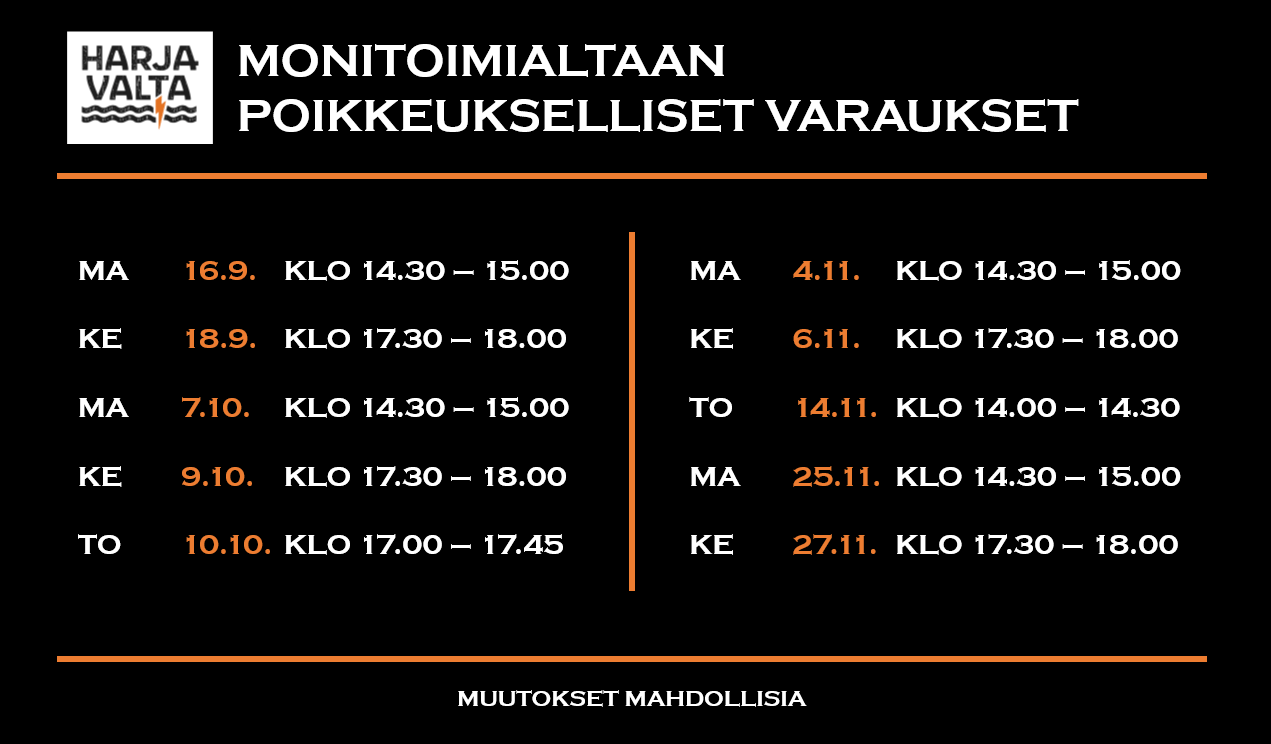 Harjavallan uimahallin monitoimialtaan poikkeukselliset varaukset syksyllä 2024. Lisätietoja uinninvalvomosta 044-4325442.