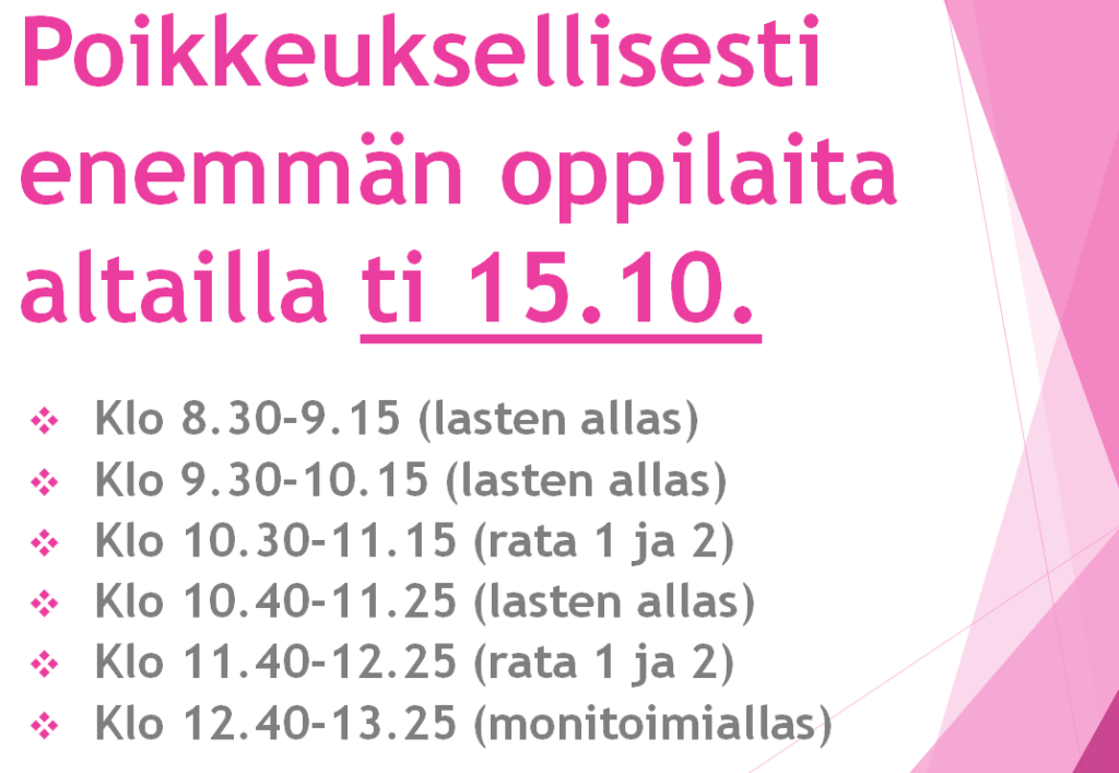 HUOMIO UIMAHALLIKÄVIJÄT:Tiistaina 15.10. ruuhkaa altailla, huomioi tämä, kun tulet allastiloihin. 