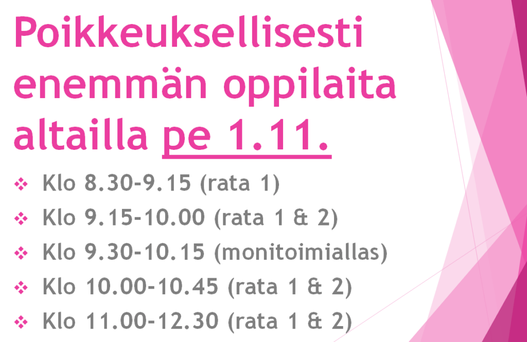 HUOMIO! Tällä viikolla jälleen enemmän vilinää altailla ja altaita on varattuna koululaisten käyttöön! Huomioi tämä, kun tulet uimahalliin. Kiitos!