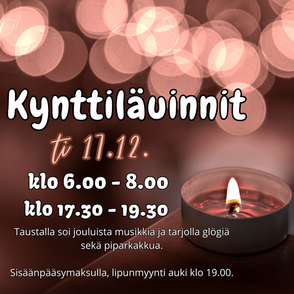 Kynttiläuinnit Harjavallan uimahallissa 17.12.24 klo 6.00-8.00 ja 17.30-19.30. Lisätietoja uinninvalvomosta, p. 044-432 5442.