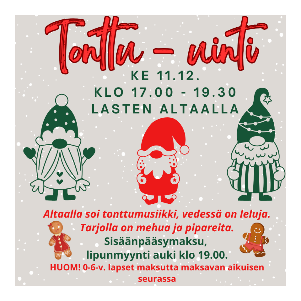 Tonttu-uinti Harjavallan uimahallissa 11.12.24 klo 17.00-19.30. Lisätietoja uinninvalvomosta, p. 044-432 5442.