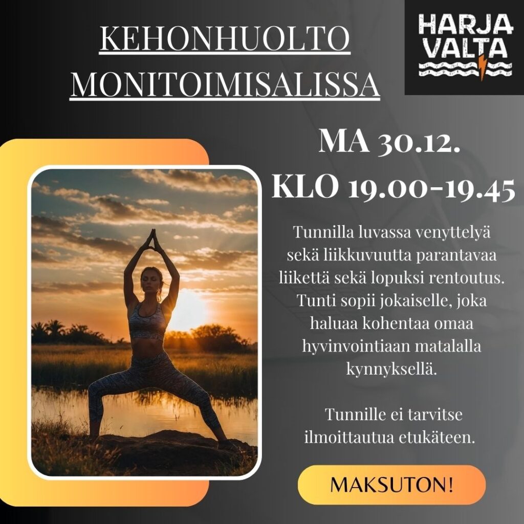 Ilouutisia loppuvuoteen kehonhuollon ystäville! Kehonhuolto ma 30.12. klo 19.00-19.45 monitoimisalissa. Tunnille ei tarvitse ilmoittautua etukäteen, riittää kun tulet paikalle. Jumppamattojakin meillä on, joten omaa et tarvitse. Tervetuloa matalalla kynnyksellä!