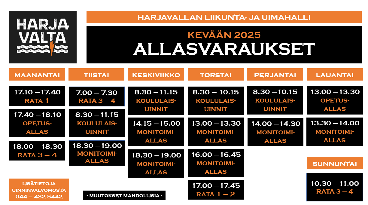 Harjavallan liikunta- ja uimahallin allasvaraus aikataulu kevät 2025