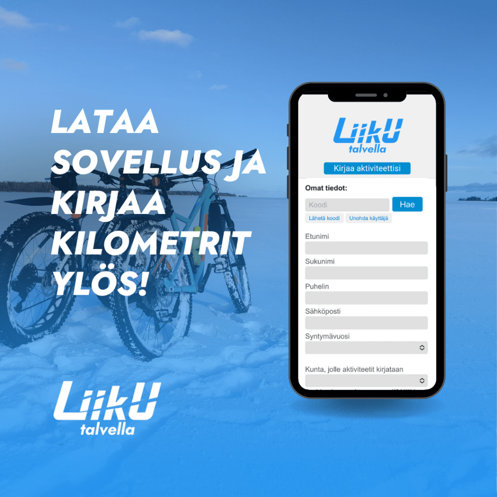 Kampanja-aika 10.1. - 31.3.2025. Lataa mobiilisovellus sovelluskaupasta ja kirjaa omat suoritukset. HUOMIO! Suoritukset kootaan jo pe 28.3. Liikkuen läpi vuoden -mobiilisovelluksen voi ladata ilmaiseksi Google Play - tai App Store -mobiilikaupoista ja se löytyy myös nettiversiona. Tarkemmat tiedot löytyvät osoitteesta www.liiku.fi/liikutalvella 