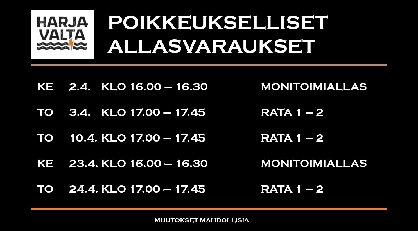 Harjavallan liikunta- ja uimahalli, poikkeukselliset allasvaraukset kevätkaudella 2025. Muutokset mahdollisia. Lisätietoja uinninvalvomosta 044-4325442.