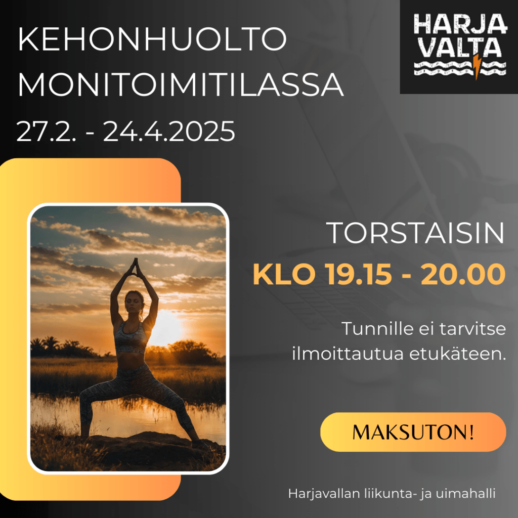 Kehonhuolto monitoimitilassa torstaisin klo 19.15-20.00 aikavälillä 27.2.-24.4.2025 Harjavallan liikunta- ja uimahallilla. Maksuton. Lisätietoja uinninvalvomosta 044-4325442.