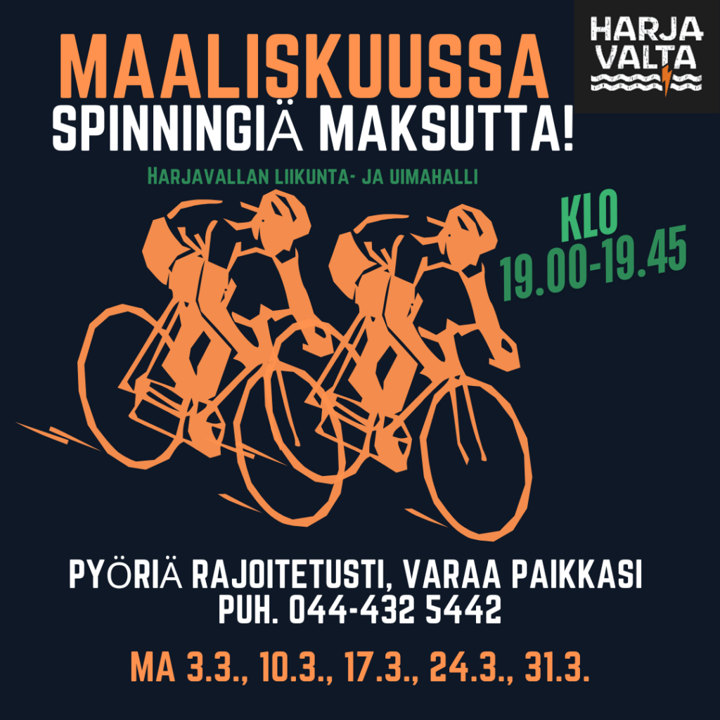 Maaliskuussa maksuttomasti Spinningiä maanantaisin klo 19.00-19.45. Katso päivämäärät postauksesta ja varaa oma paikkasi, sillä pyöriä on rajoitetusti! 