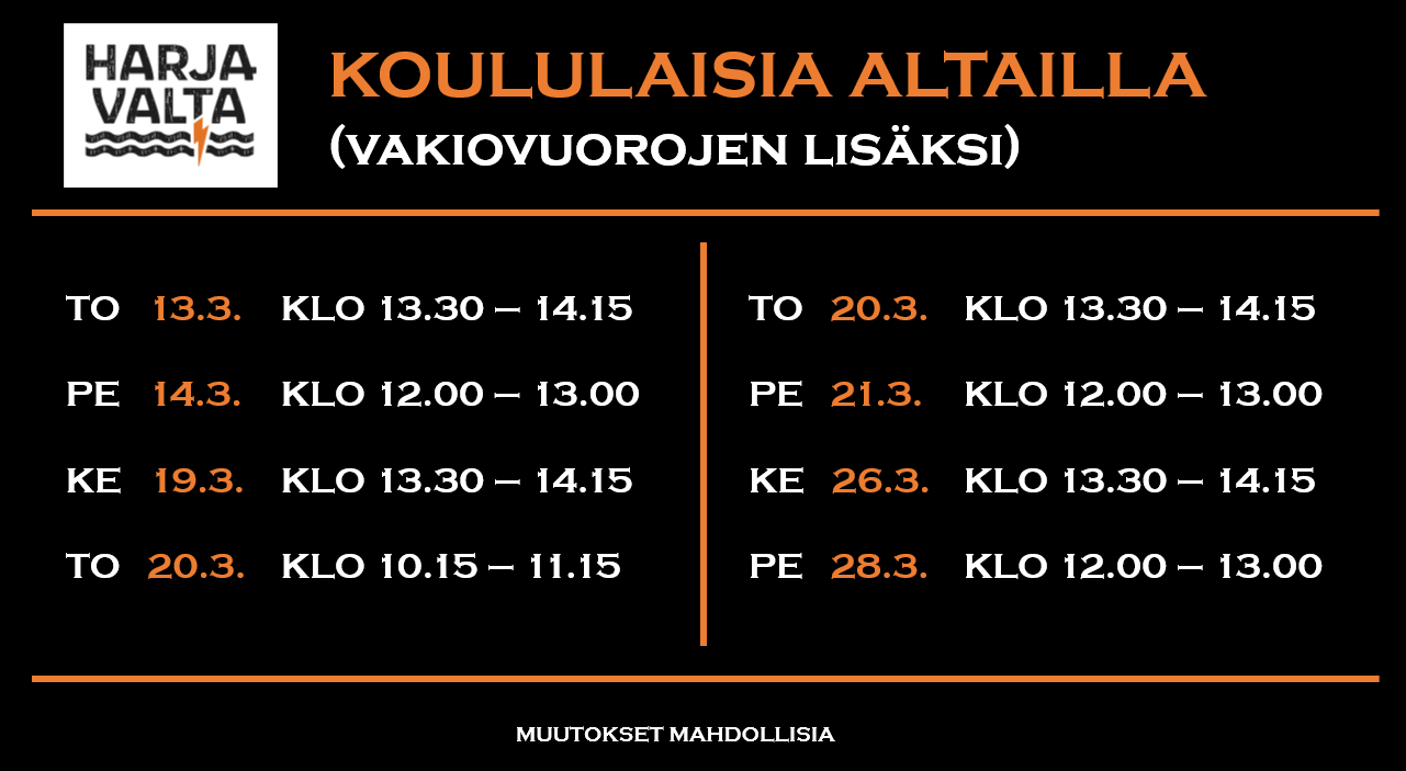 Kuvassa tiedotetaan koululaisuinteja vakiovuorojen lisäksi Harjavallan uimahallissa. Lisätietoja uinninvalvomosta p. 044-4325442.