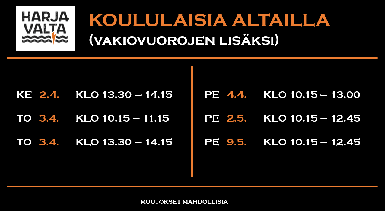 Kuvassa tiedotetaan koululaisuinteja vakiovuorojen lisäksi Harjavallan uimahallissa. Lisätietoja uinninvalvomosta p. 044-4325442.